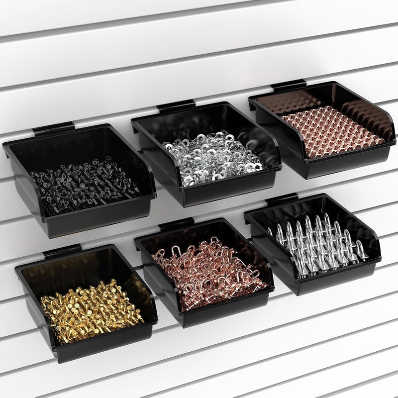 BeapTcely 6 Pack Slatwall Bins with Hooks Plastic Slatwall Organizer Slatwall Containers Workbench Bins for Slat Wall Organizing Hardware, Garage, Craft Room, Tool Shed, Hobby Supplies (6, Black) - Image 1